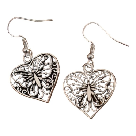 New Retro Butterfly Heart Pendant Earrings in Silver - Picture 1 of 5